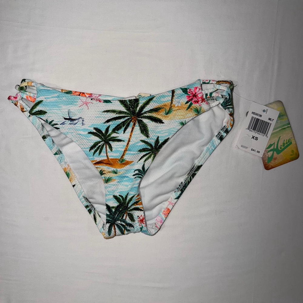 NWT Hobie Tropical Palm Tree Bikini Bottoms XS Blue White Floral Strappy Sides - Picture 2 of 8